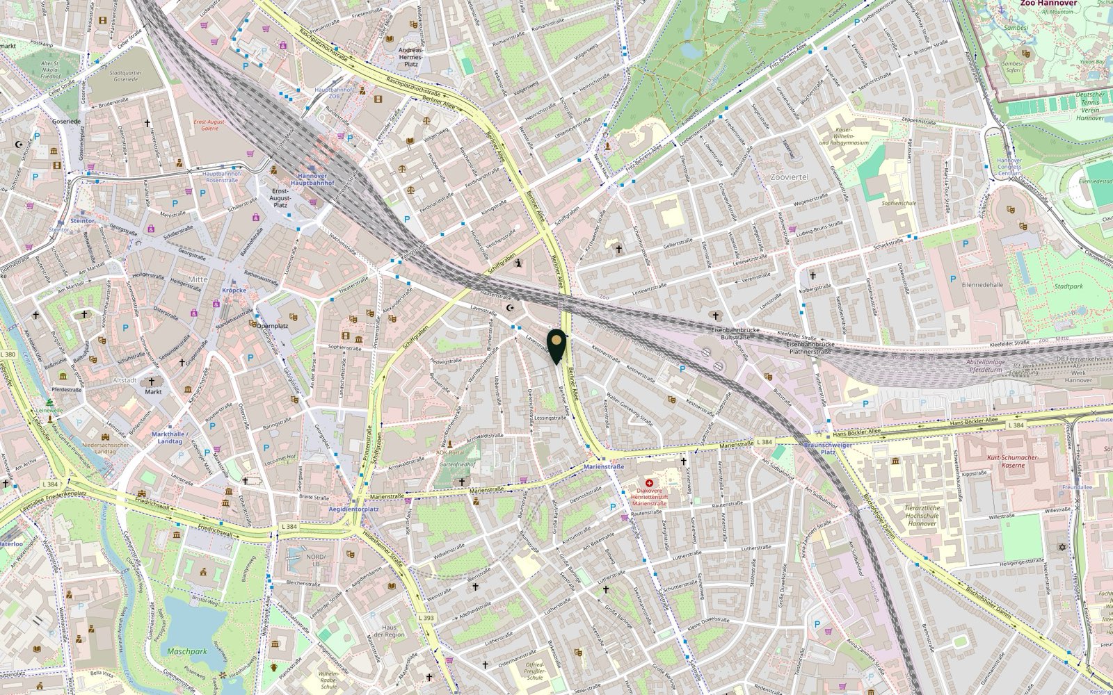 Karte von Hannover-Mitte mit dem Standort von Novum Immobilien Hannover an der Berliner Allee 34